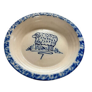 Vintage Eldreth Pottery Cobalt Blue Stoneware Pie Plate Lamb Sheep Signed 1992